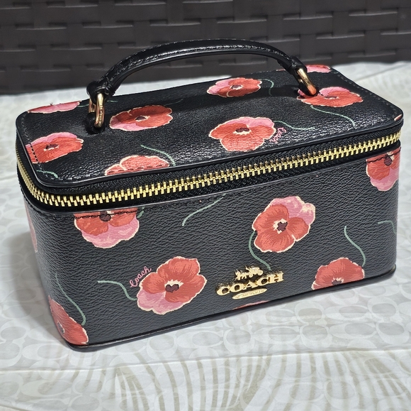 Coach Vanity Case Poppy Print Floral Flowers Red Black Cosmetics Makeup Jewelry - Picture 1 of 10